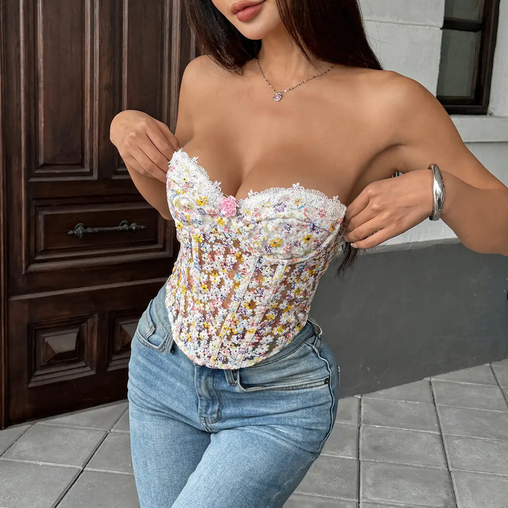 Floral Embroidered Underwire Bustier with Boning & Lace-Up