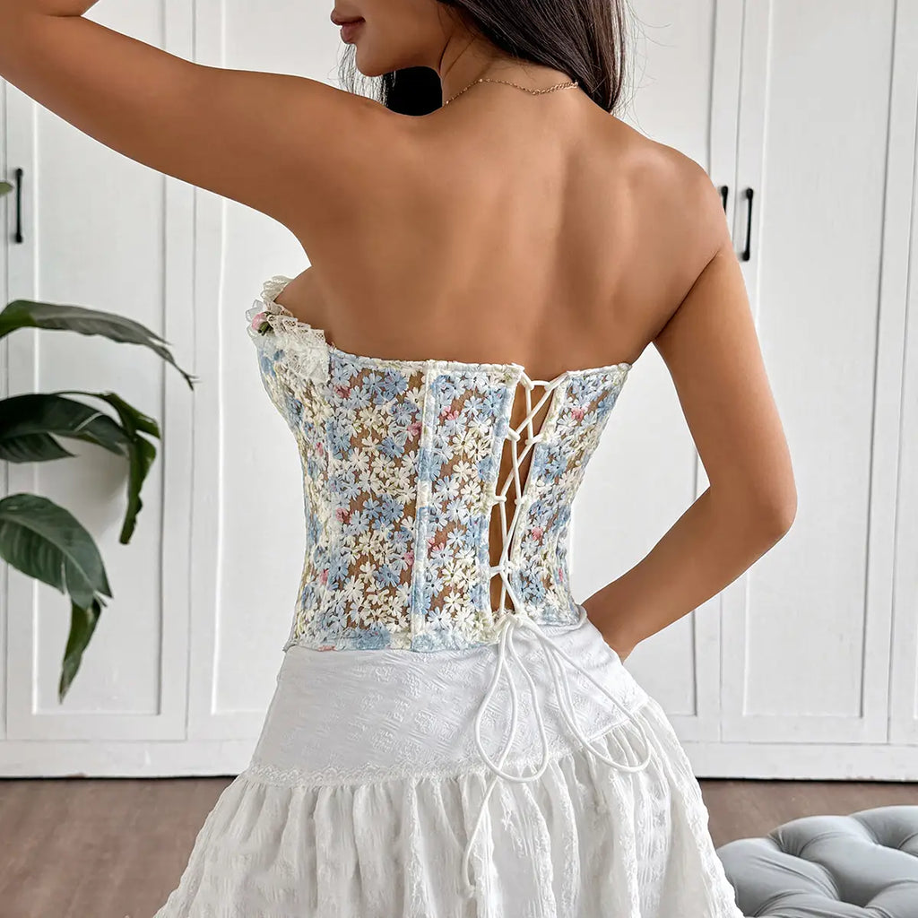 Floral Embroidered Lace Trim Strapless Top with Back Tie